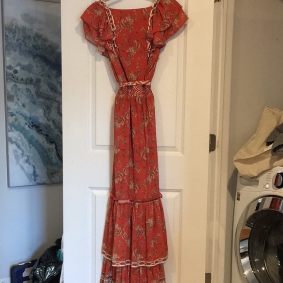 Aura Women's M Red Floral Boho Maxi Dress V-Neck Cap Sleeve Casual - Picture 2 of 3